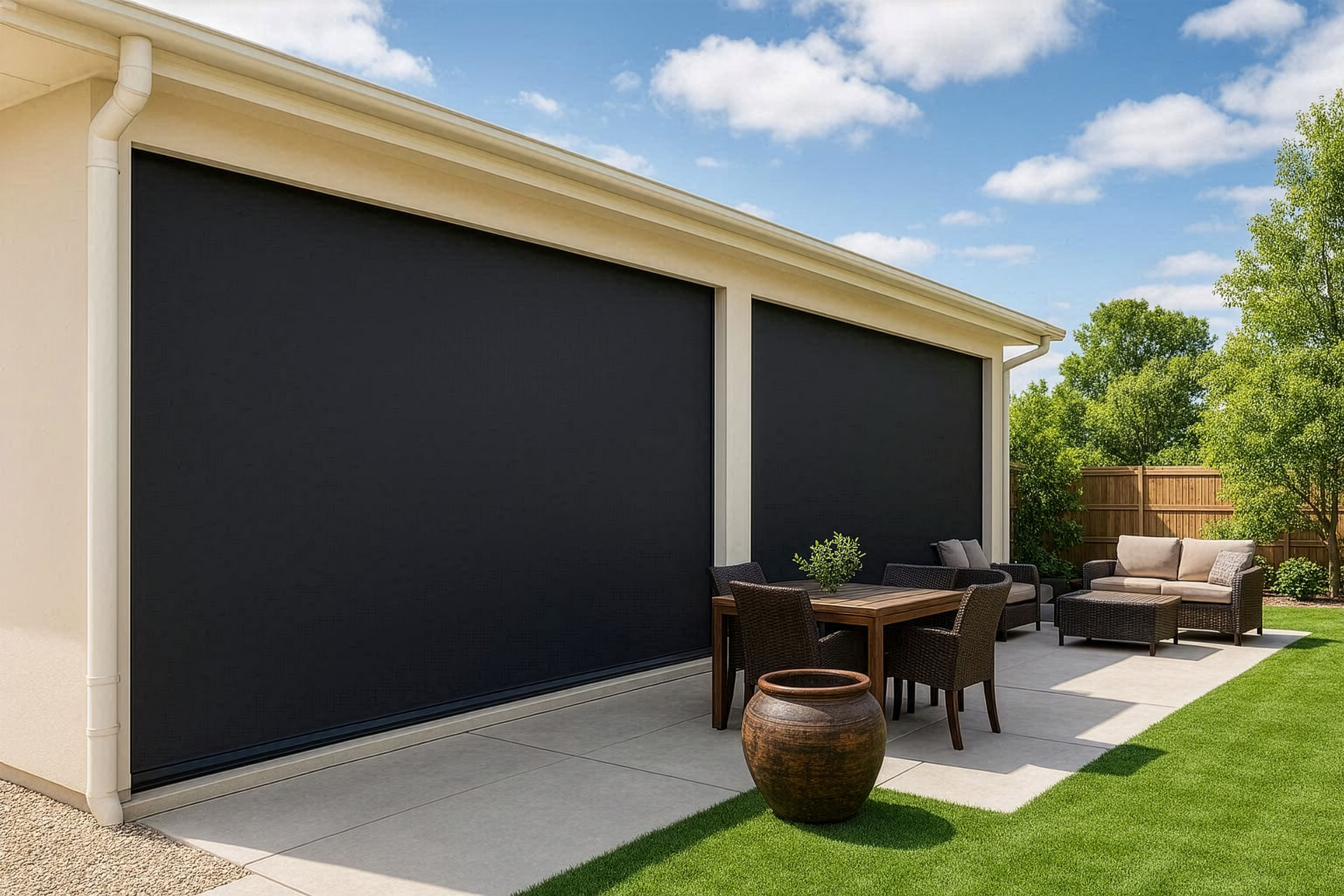 Motorized exterior shades on patio